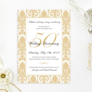 Golden wedding anniversary invitations printed Geometric gold, white, green floral frame 50th wedding, birthday anniversary Any year 9
