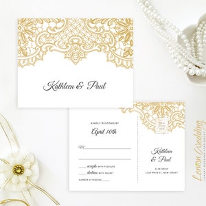 PRINTED Gold lace wedding invitation with rsvp card Custom wedding invitations image 3