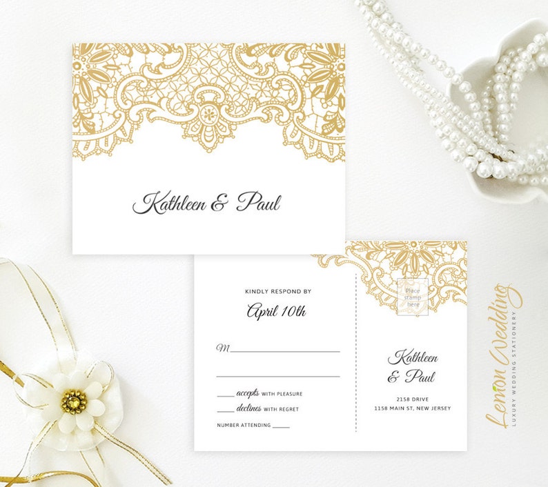 PRINTED Gold lace wedding invitation with rsvp card Custom wedding invitations image 3