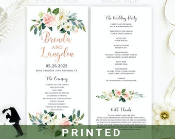 PRINTED wedding programs floral   Rose gold wedding ceremony program   Custom order of service