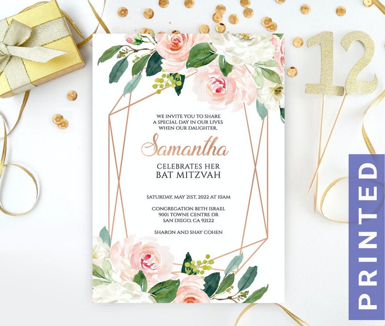 Bat Mitzvah Invitations PRINTED Hebrew Bat Mitzvah Invitation personalized