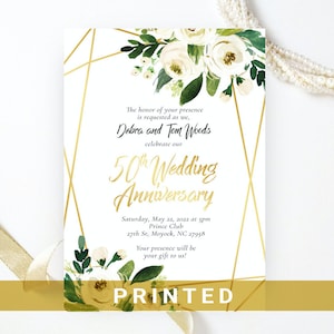 Golden wedding anniversary invitations printed Geometric gold, white, green floral frame 50th wedding, birthday anniversary Any year 1