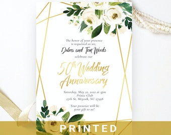 Golden wedding anniversary invitations printed   Geometric gold, white, green floral frame   50th wedding, birthday anniversary   Any year