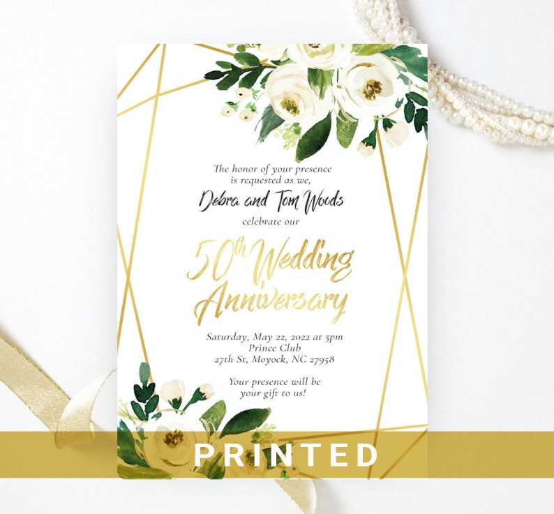 Golden wedding anniversary invitations printed Geometric gold, white, green floral frame 50th wedding, birthday anniversary Any year 1