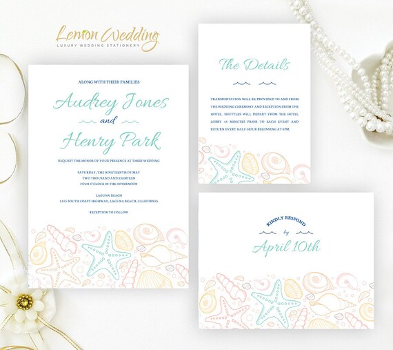 Starfish Wedding Invitation Kits Printed On Shimmer Paper Etsy