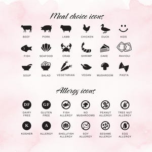 Op de afbeelding: Een verzameling zwarte iconen voor maaltijdkeuzes en allergie&euml;n op een lichtroze achtergrond. De maaltijdiconen omvatten rundvlees, varkensvlees, lamsvlees, kip, eend, kinderen, vis, zeevruchten, krab, garnaal, cake, ravioli, soep, salade, vegetarisch.