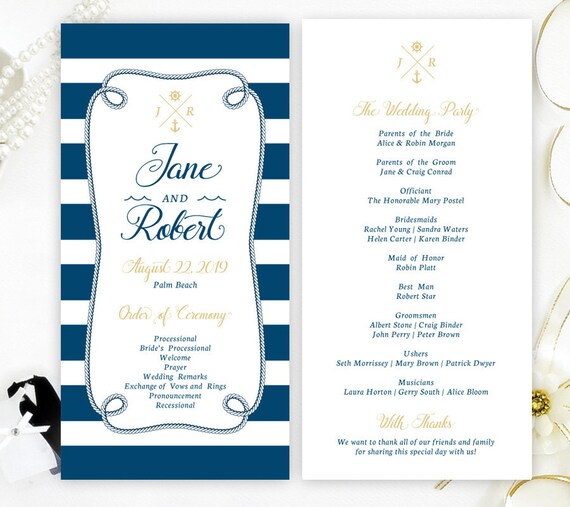 Printed Nautical Wedding Program Royal Blue And Gold Etsy
