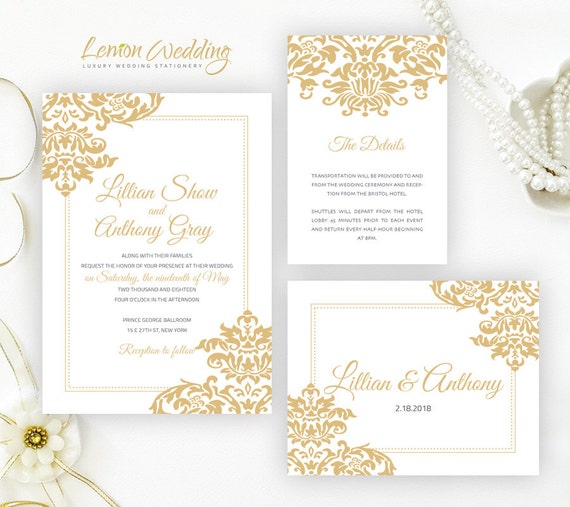 Printed Gold Wedding Invitation Set Elegant Wedding Etsy