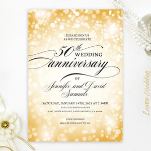 Golden wedding anniversary invitations printed Geometric gold, white, green floral frame 50th wedding, birthday anniversary Any year 8
