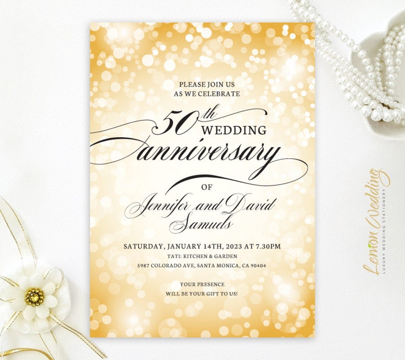 Golden wedding anniversary invitations printed Geometric gold, white, green floral frame 50th wedding, birthday anniversary Any year 8