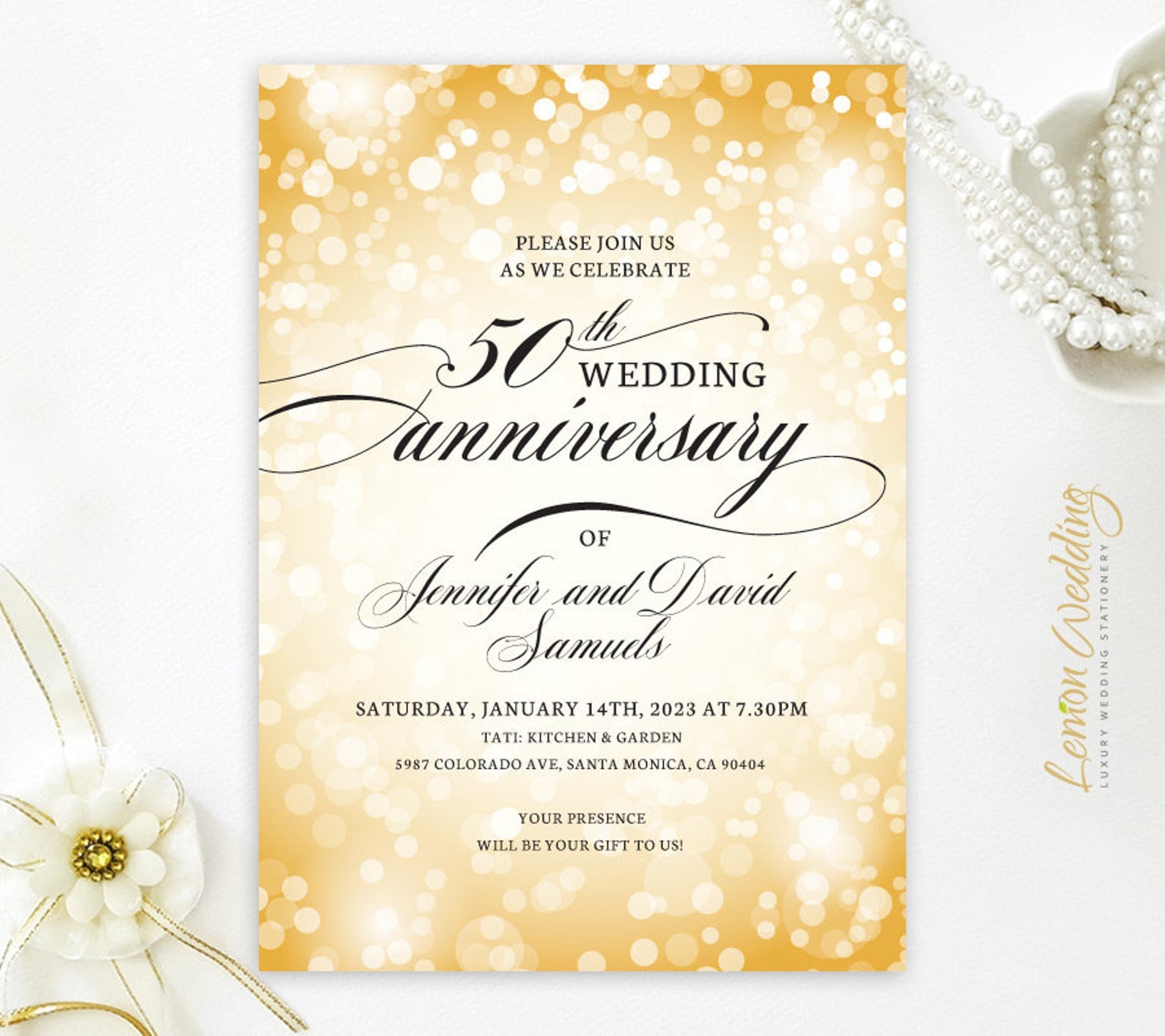 50 Invitaciones de aniversario de boda Aniversario de bodas de oro Marco  geométrico dorado, blanco y floral Aniversario de cumpleaños Cualquier año  - Etsy México, image size:1588x1412