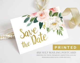 Pink and Gold Save the Date Postcard floral | Spring, summer flower garden wedding save the dates PRINTED