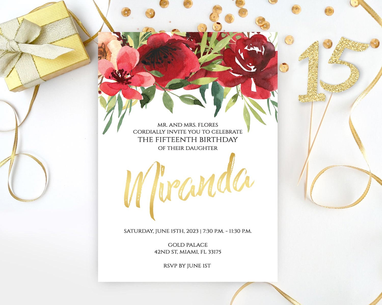 Paper Floral Quince invitations printed Elegant sweet 15 invites