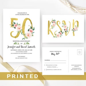 May include: Gold 50th wedding anniversary invitation with floral accents. The invitation features a gold number 50 with pink and white flowers. The text reads "Please join us as we celebrate the wedding anniversary of Jennifer and David Samuels. Saturday, June 14th, 2025 at 6pm. Tati Kitchen & Garden. 5987 Colorado Ave, Santa Monica, CA 96404. Your presence will be your gift to us."
