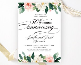 PRINTED   Floral 50th anniversary invitation   50 years celebration   Golden wedding anniversary invitations printed on premium paper