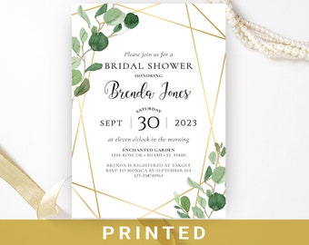 Eucalyptus leaves bridal shower invitations   Elegant botanical greenery, geometric frame wedding shower Invitation   Envelopes