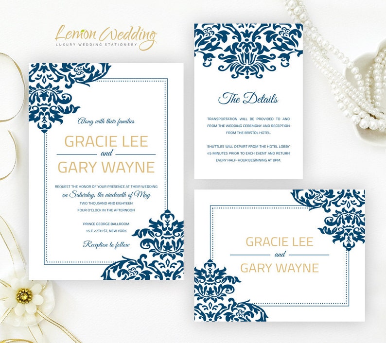 Printed Royal Blue And Gold Wedding Invitation Suite Cheap Etsy