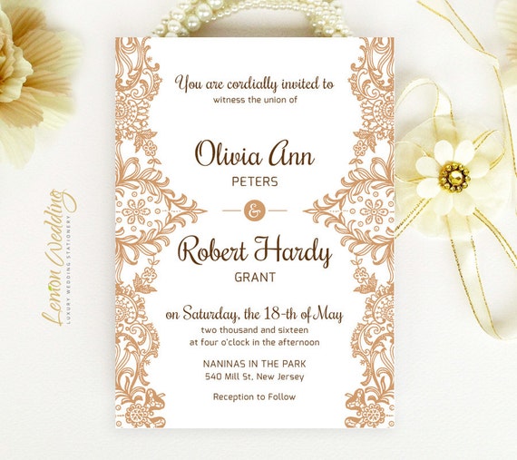 Printed Brown Wedding Invitations Elegant Lace Ivory Etsy