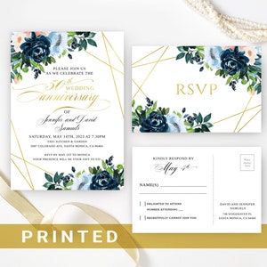 May include: A blue and white floral wedding anniversary invitation with gold geometric accents. The invitation is for Jennifer and David Samuels' 50th wedding anniversary. The invitation includes the date, time, and location of the event. The RSVP card includes a place for guests to provide their name and indicate whether they will be attending the event.