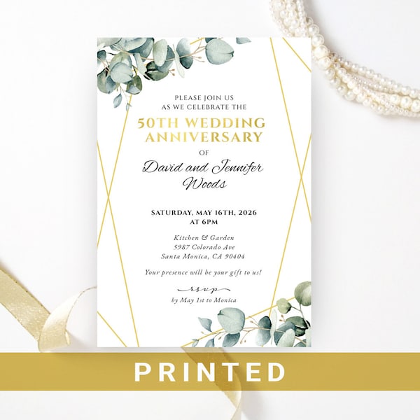 50th wedding anniversary invitations   Golden wedding, birthday anniversary   Geometric gold, white, eucalyptus greenery, floral   Any year