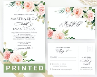 Wedding Invitations PRINTED  | Blush pink and green wedding invitation set | summer spring garden outdoor flower invites