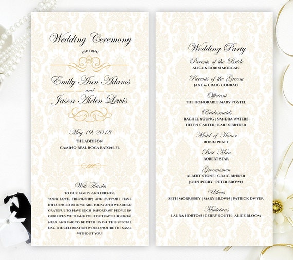 Printed Wedding Program Classy Damask Wedding Programs Cheap Etsy