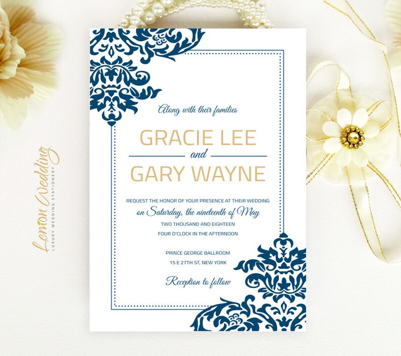 Blue and gold wedding invitation elegant wedding invite | Etsy