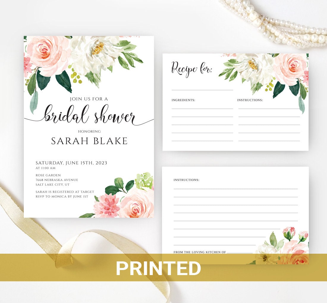 Wedding Shower Invitations with recipe cards Envelopes White and green floral bridal shower