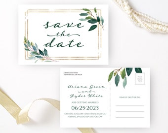 PRINTED Greenery Save the Date Postcards | Personalized wedding save the date postcard