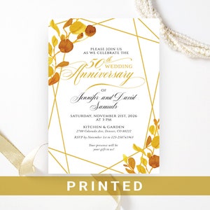 Golden wedding anniversary invitations printed Geometric gold, white, green floral frame 50th wedding, birthday anniversary Any year 10
