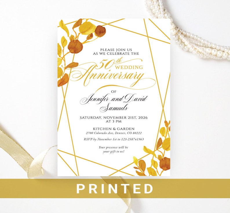 Golden wedding anniversary invitations printed Geometric gold, white, green floral frame 50th wedding, birthday anniversary Any year 10