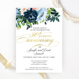 Golden wedding anniversary invitations printed Geometric gold, white, green floral frame 50th wedding, birthday anniversary Any year 6