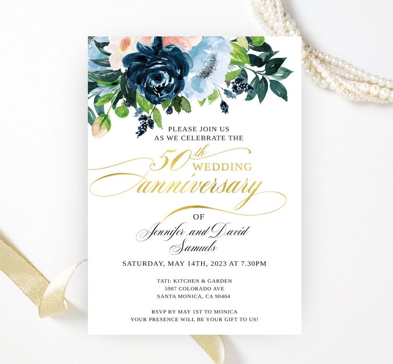 Golden wedding anniversary invitations printed Geometric gold, white, green floral frame 50th wedding, birthday anniversary Any year 6