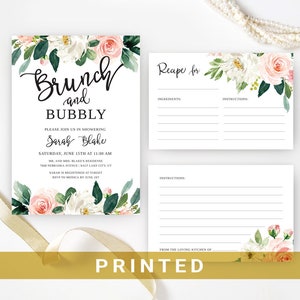 Brunch and Bubbly Bridal Shower Invitations + recipe cards   Elegant floral, flower wedding shower invitation printed   Envelopes