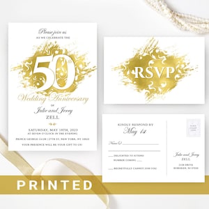May include: Gold foil wedding anniversary invitation with a white background. The invitation features a gold foil design with the number 50 and the text "Wedding Anniversary of Julie and Jerry Zell". The invitation also includes the date and time of the event, as well as the location. The RSVP card features a gold foil design with the text "RSVP". The card also includes the text "Kindly respond by May 1st".