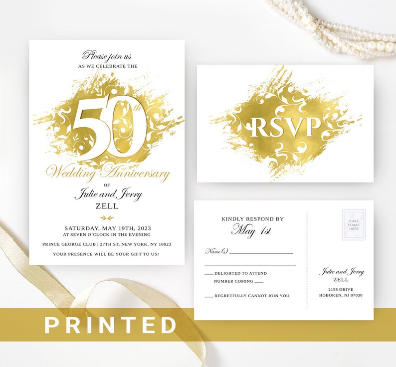 May include: Gold foil wedding anniversary invitation with a white background. The invitation features a gold foil design with the number 50 and the text "Wedding Anniversary of Julie and Jerry Zell". The invitation also includes the date and time of the event, as well as the location. The RSVP card features a gold foil design with the text "RSVP". The card also includes the text "Kindly respond by May 1st".
