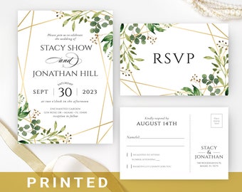 Wedding invitations greenery | Green, gold, white invites with RSVP | Summer, garden, eucalyptus invites PRINTED | Floral invitation set