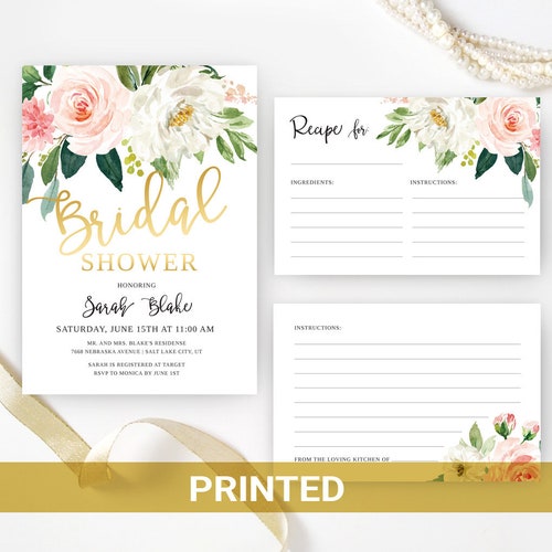Bridal Shower Invitation Recipe Card PRINTED Greenery Etsy