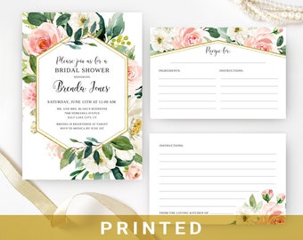 Floral Bridal Shower Invitation + recipe card   Gold geometric, flower, greenery wedding shower invitations   Envelopes