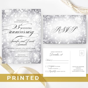 Silver wedding anniversary invitation PRINTED, Confetti 25th wedding anniversary invitations with RSVP postcards, Birthday celebration