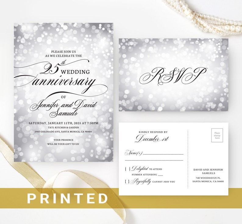 May include: Silver and white wedding anniversary invitation with a sparkling background. The invitation reads "Please join us as we celebrate the 25th Wedding Anniversary of Jennifer and David Samuds". The date and time of the event are listed as "Saturday, January 11th, 2025 at 7:30pm" and the location is "Tati: Kitchen & Garden, 5987 Colorado Ave, Santa Monica, CA 90404". The RSVP card reads "Kindly respond by December 1st".