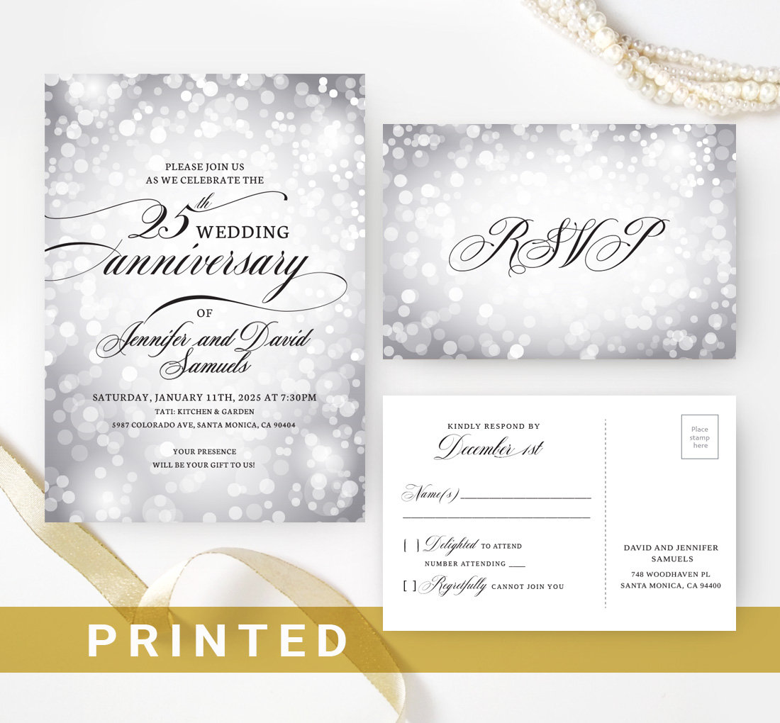 Silver wedding anniversary invitation PRINTED, Confetti 25th wedding anniversary invitations with RSVP postcards, Birthday celebration