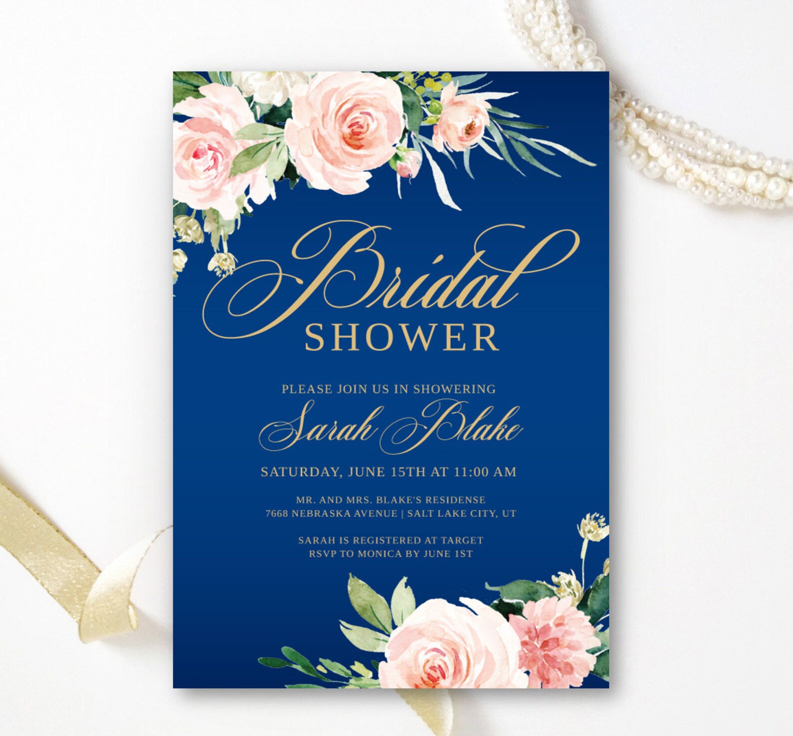 PRINTED Bridal Shower Invitation Navy Blue and Gold Floral Etsy