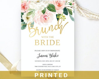 Brunch with the bride bridal shower invitation   Blush pink and gold, flower Bridal Shower Invitations