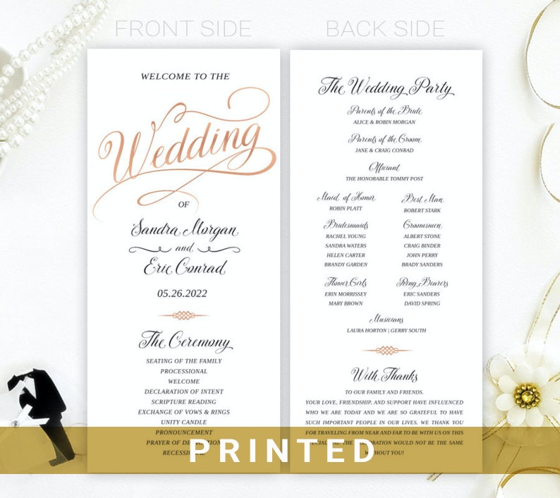 Wedding Programs Rose gold wedding ceremony program Custom order of service cards printed Rose Gold