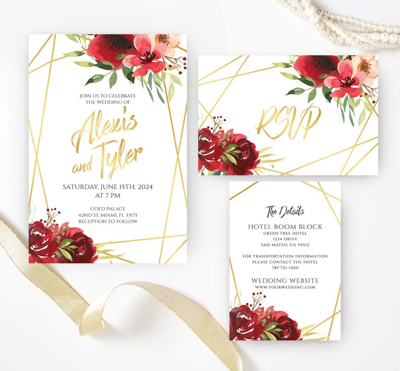 PRINTED Red and Gold Wedding Invitation Set Floral Wedding Etsy