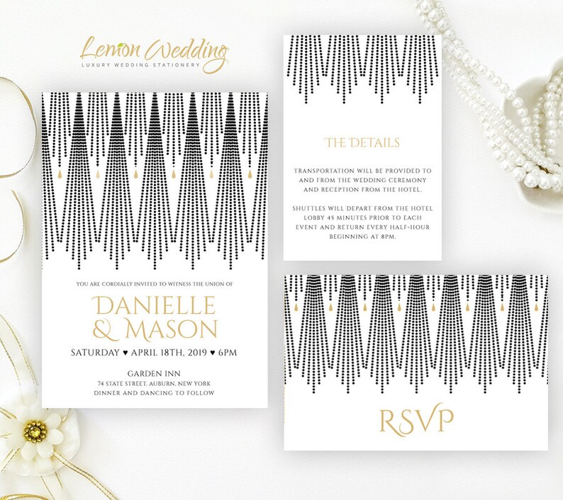 Printed Art Deco Wedding Invitation Set Gold And Black Etsy