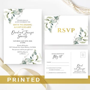 50 wedding anniversary invitations greenery, floral   Golden, silver wedding anniversary invitations with RSVP postcards   Any year