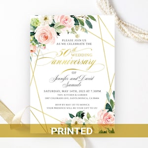 Golden wedding anniversary invitations printed Geometric gold, white, green floral frame 50th wedding, birthday anniversary Any year 2