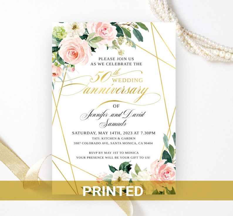 Golden wedding anniversary invitations printed Geometric gold, white, green floral frame 50th wedding, birthday anniversary Any year 2